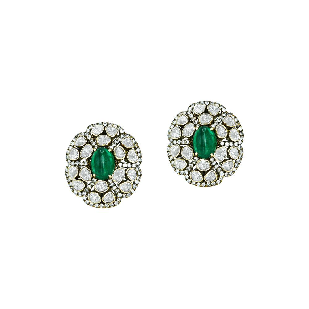 Emerald-Centered Polki Stud Antique Earrings with Floral Diamond Halo